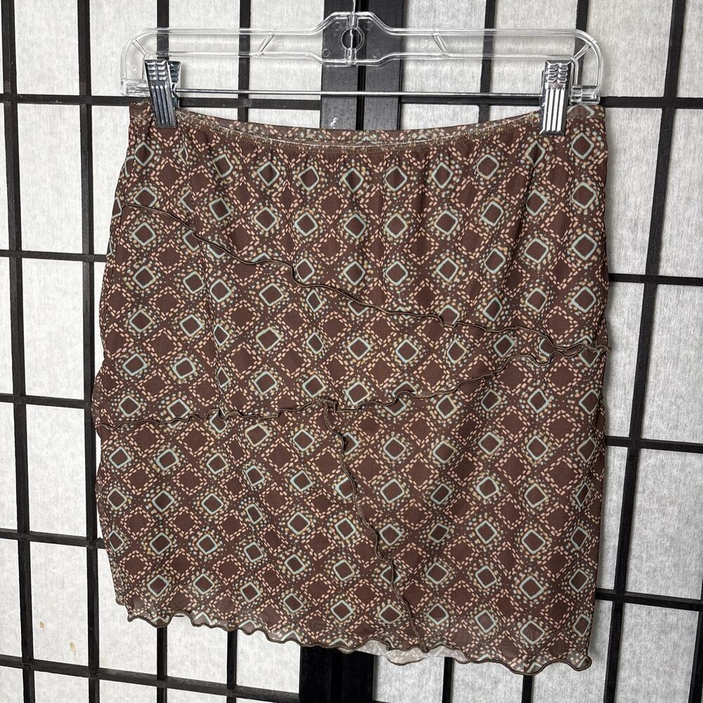Y2K Mesh Mini Skirt Brown Geo Print 60's 70's Vintage Style